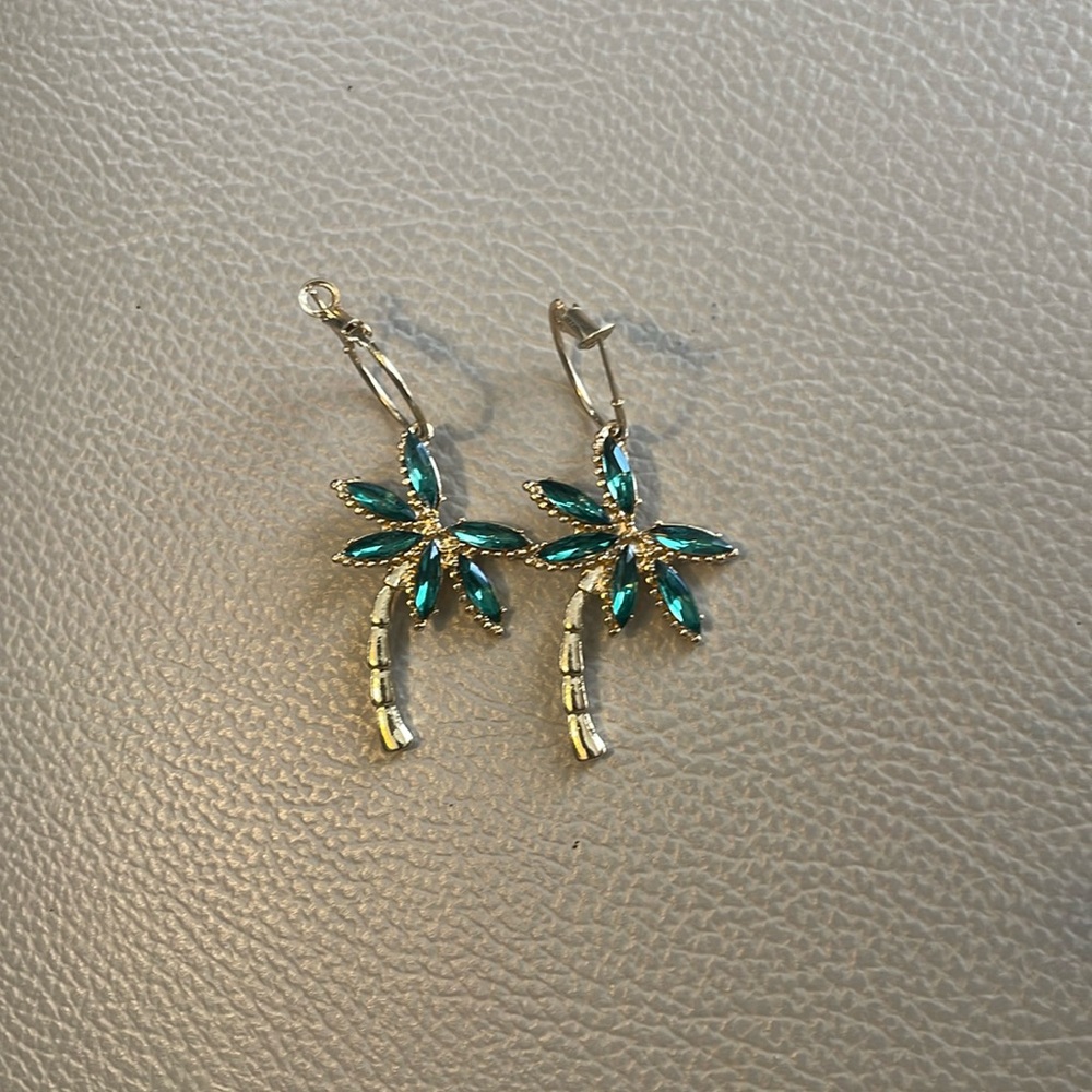 Gold and green palm tree hoop earrings